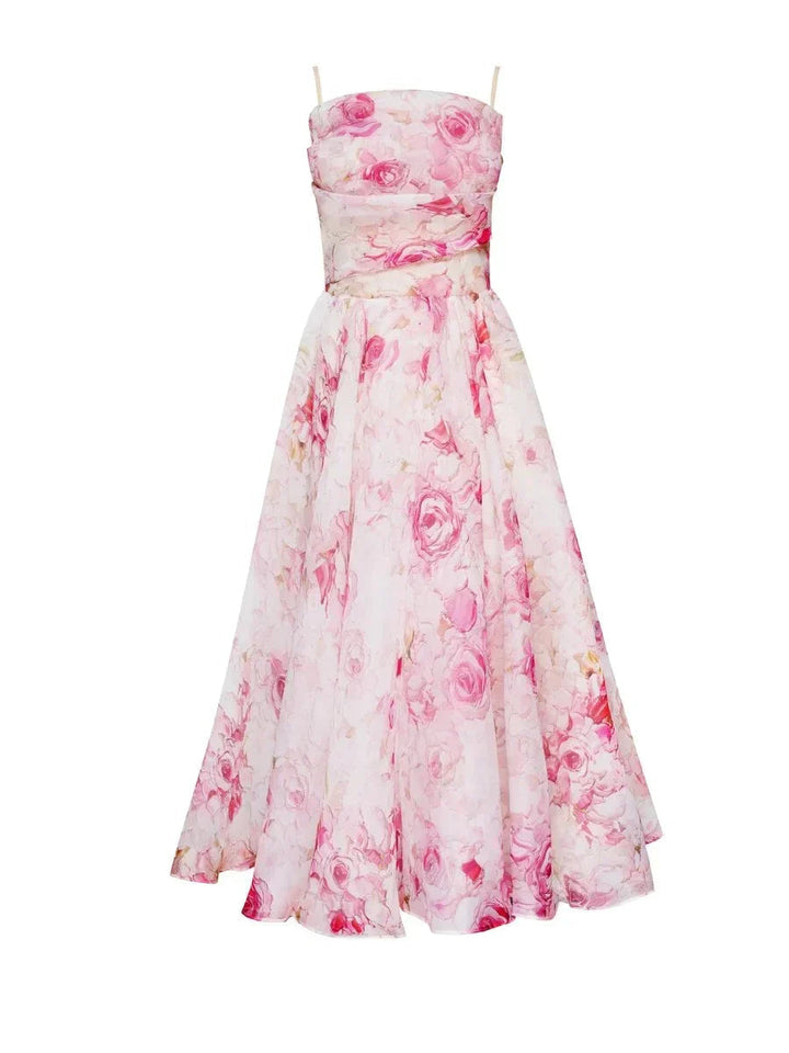 Stunning women's strapless cocktail dress with a vibrant floral print, ideal for any special occasion.