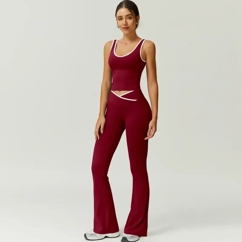 Back view of the women's two-piece workout set, highlighting the design of the sports bra and capris