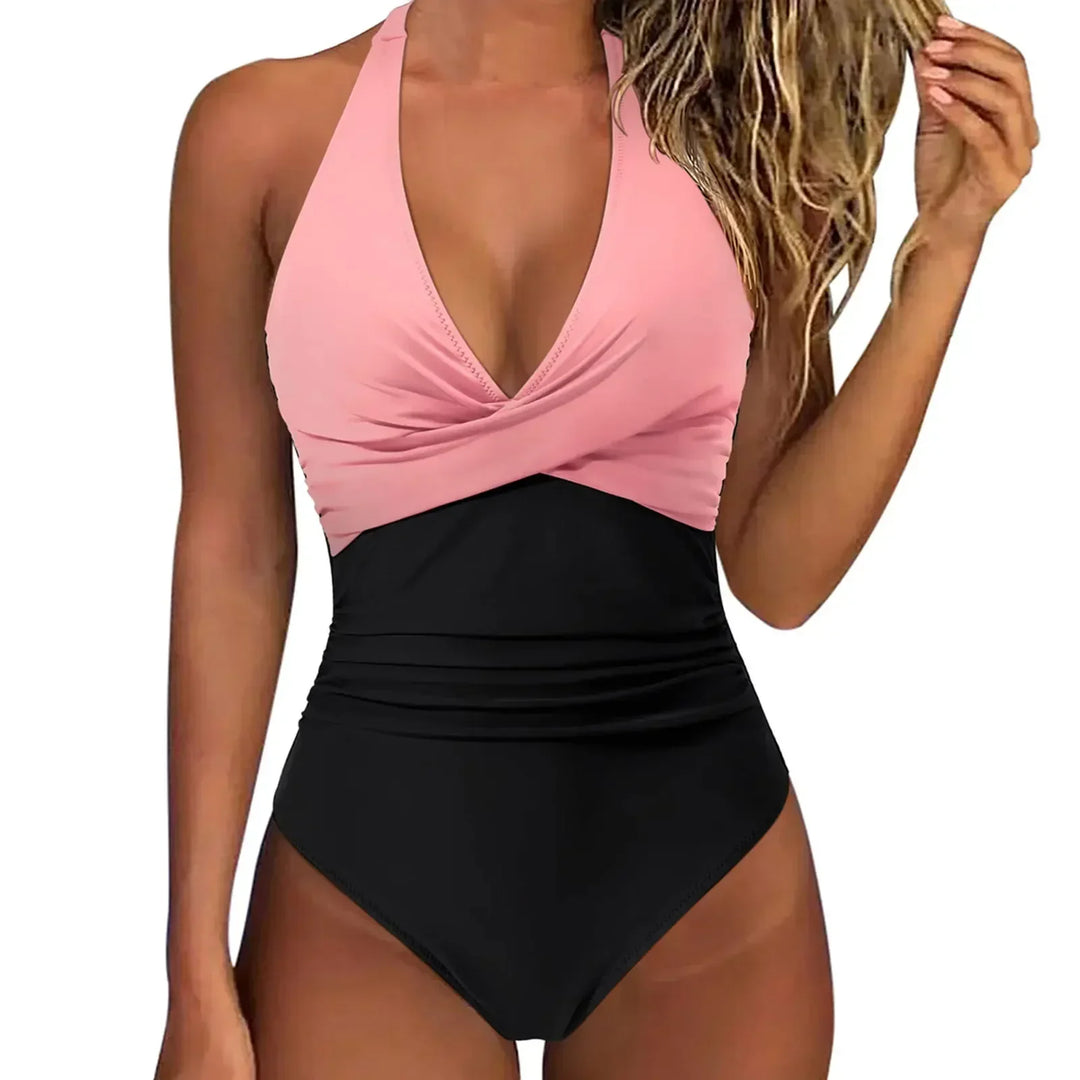 Quick-dry women's one-piece swimsuit, sculpting fit, halter neck, and effective tummy control.