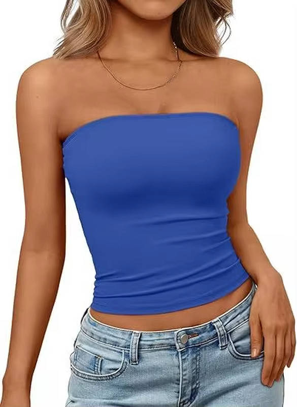 Modern women's tube top, seamless & stretch fit bandeau for versatile summer fashion.