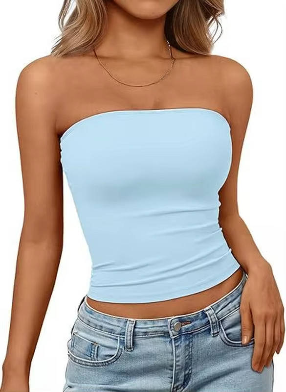 Chic women's strapless bandeau, seamless stretch fit crop top, modern casual wear.