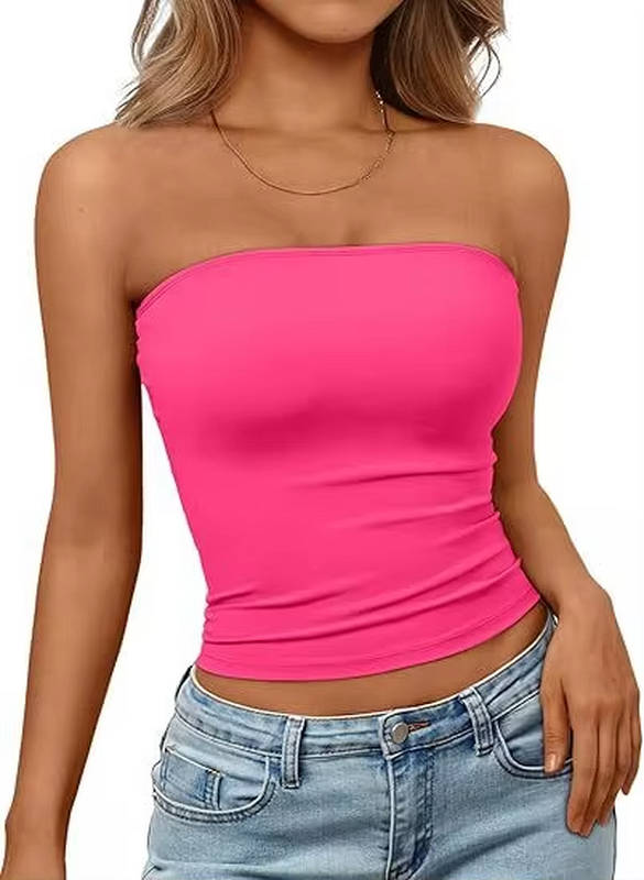 Lightweight women's bandeau crop, seamless stretch fabric, ideal for summer activities.