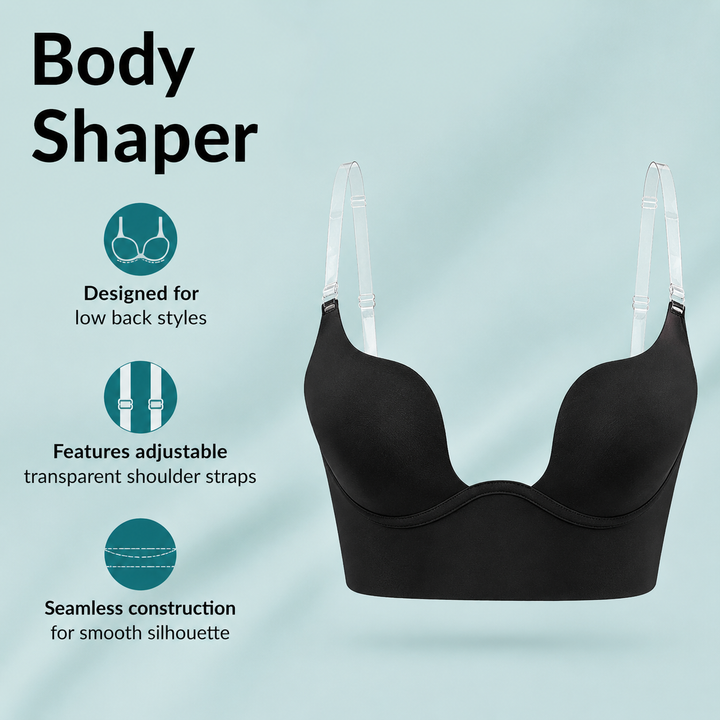 Back view of a seamless low back bra, designed for backless and special occasion dresses.
