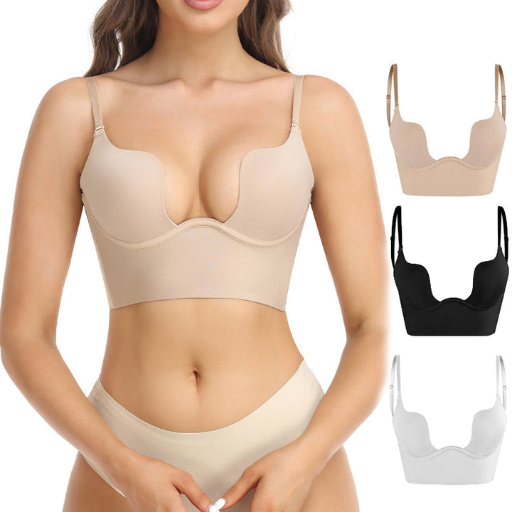 Plunge front women's seamless bra, providing invisible support for low-cut tops and dresses.