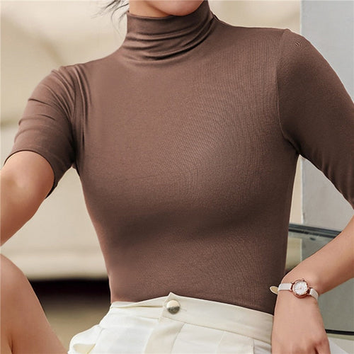 Soft women's seamless slim fit turtleneck sweater with long sleeves, offering a sleek, comfortable everyday style.