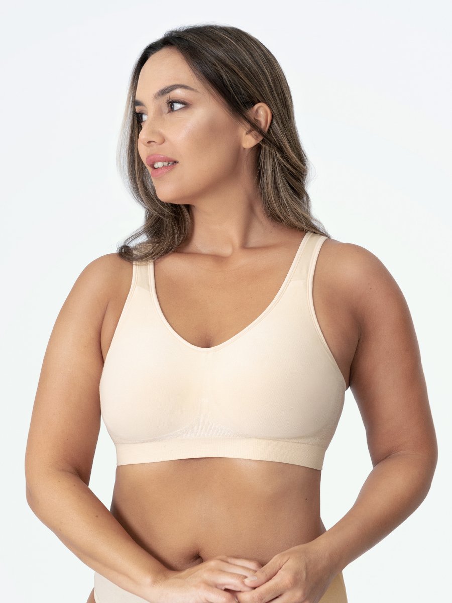 Close-up of a women's seamless wire-free sports bra, offering ultimate comfort and gentle support.
