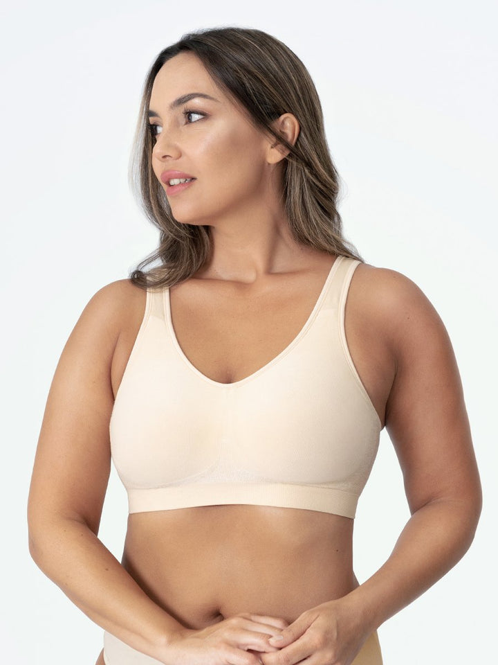Close-up of a women's seamless wire-free sports bra, offering ultimate comfort and gentle support.