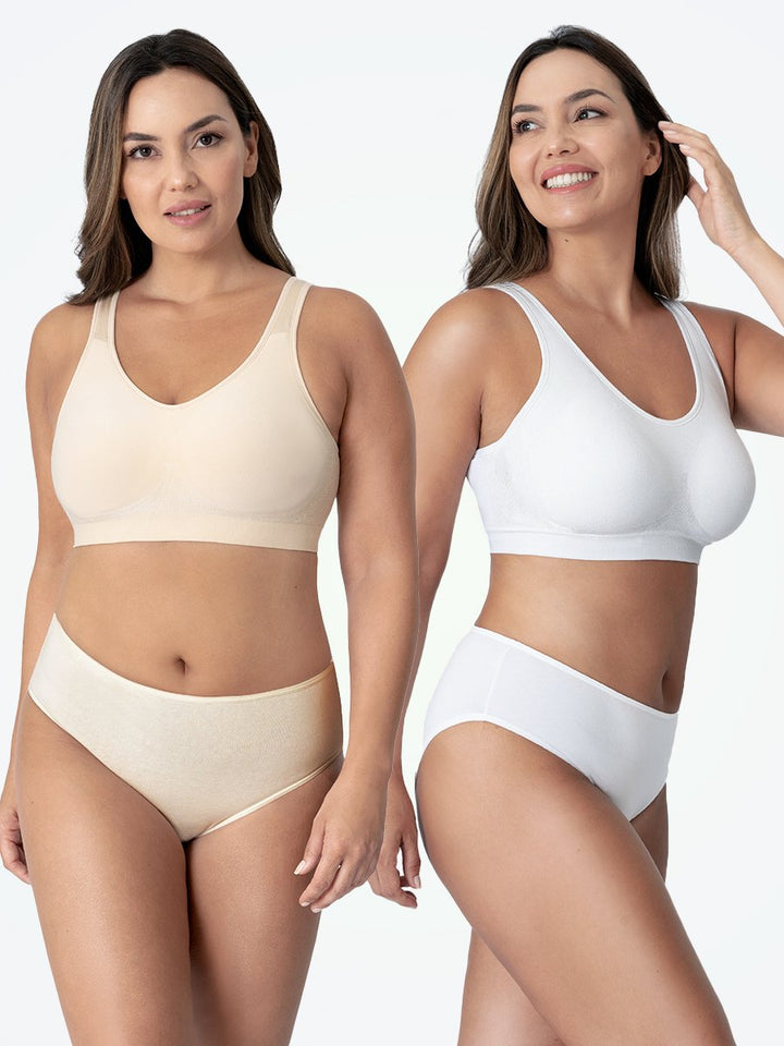 Women's workout bra featuring seamless construction and wire-free design for active support & freedom.