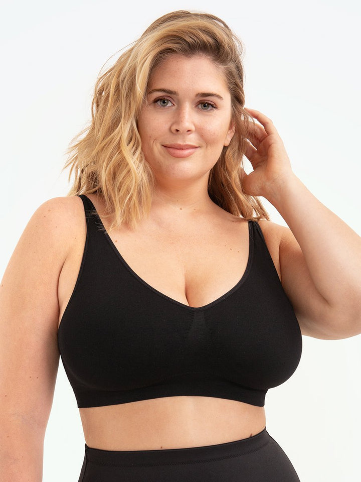Detailed shot of a women's seamless wire-free bra's fabric, emphasizing its soft, breathable texture.