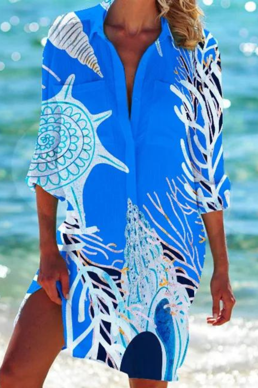 Women's seashell & coral print button-down beach cover-up tunic.