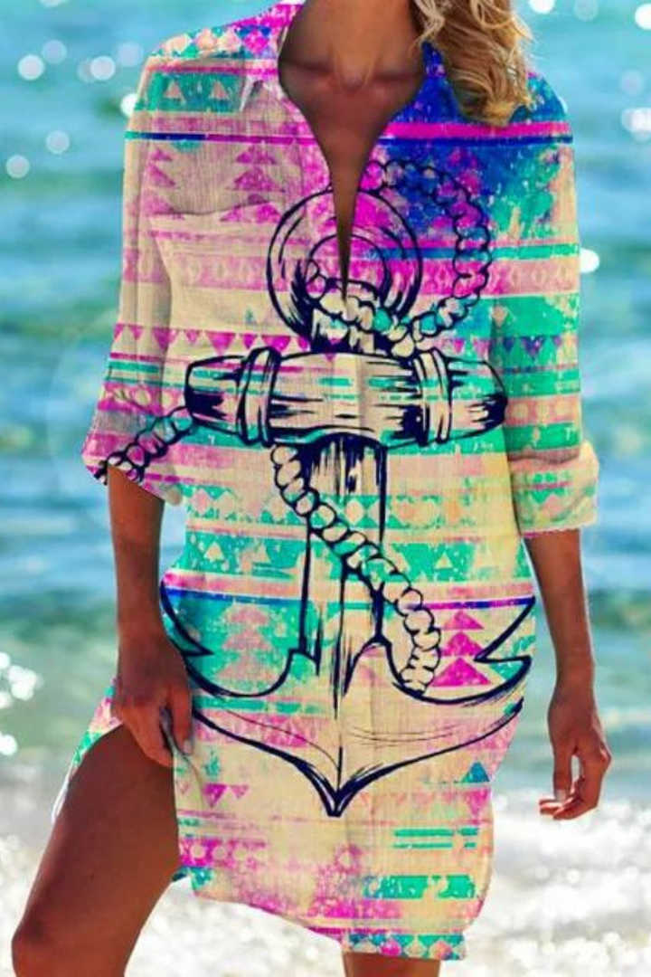 Women's resort wear button-down cover-up featuring a seashell & coral print.
