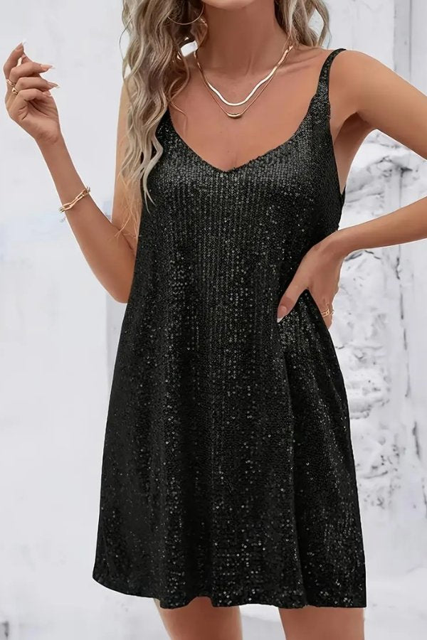Women's sequin V-neck swing mini dress, perfect for homecoming, parties, or special evenings.
