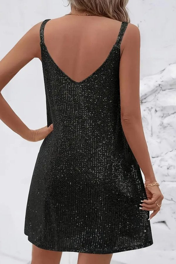 Beautiful women's short sequin dress with V-neckline & swing skirt, perfect for homecoming celebrations.