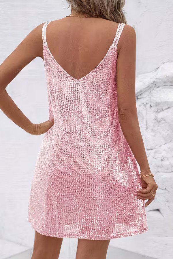 Glamorous sequin mini dress with V-neck & swing silhouette, ideal for special occasions.