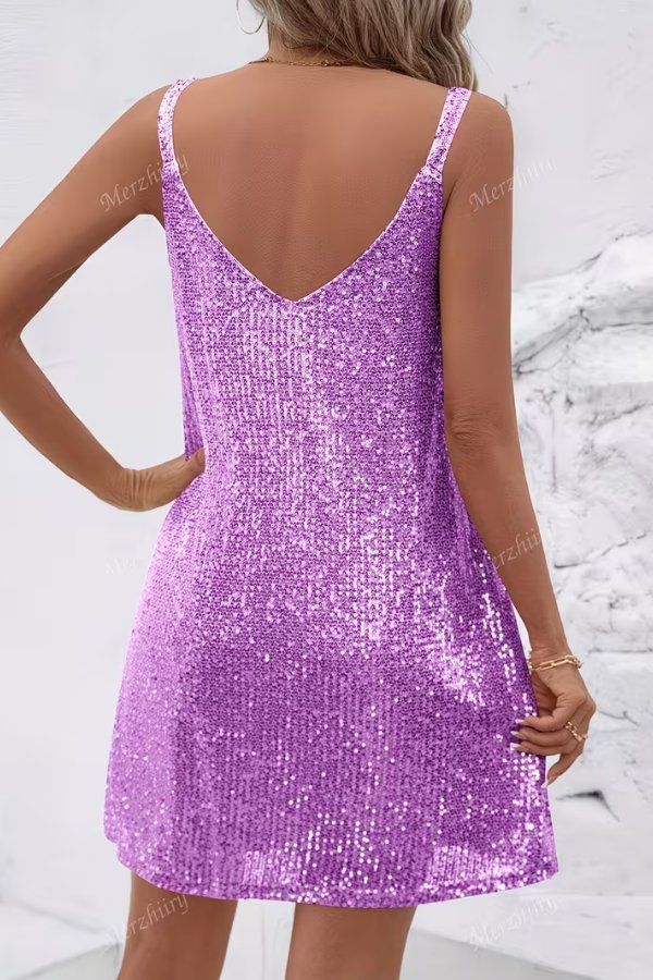 Sleeveless sequin V-neck mini dress, a chic swing party or homecoming cocktail dress for women.