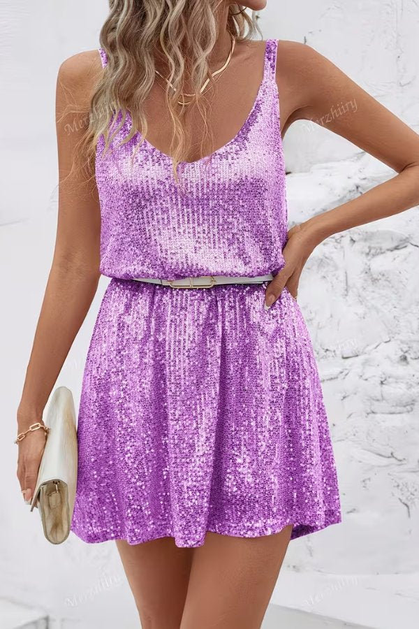 Formal women's sequin V-neck swing mini dress, a dazzling choice for evening events & homecoming.