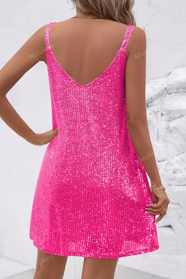 Dazzling women's V-neck sequin swing mini dress, ideal for homecoming and parties.