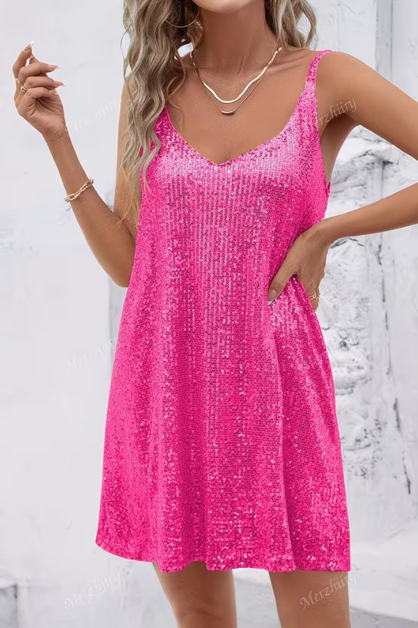 Shiny women's sequin mini dress, V-neck & swing style, great for homecoming or cocktail events.