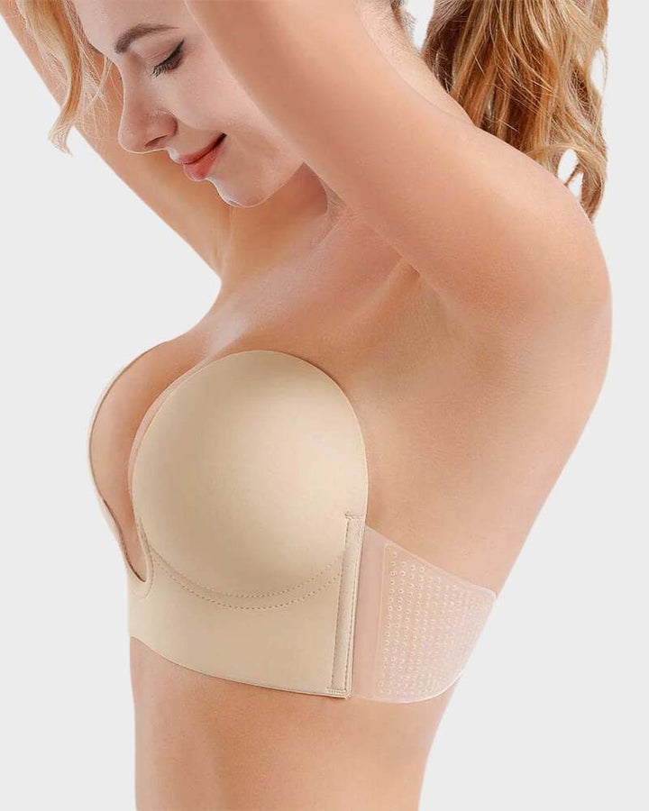 Invisible wire-free push-up plunge bra with adjustable straps for supportive everyday wear.