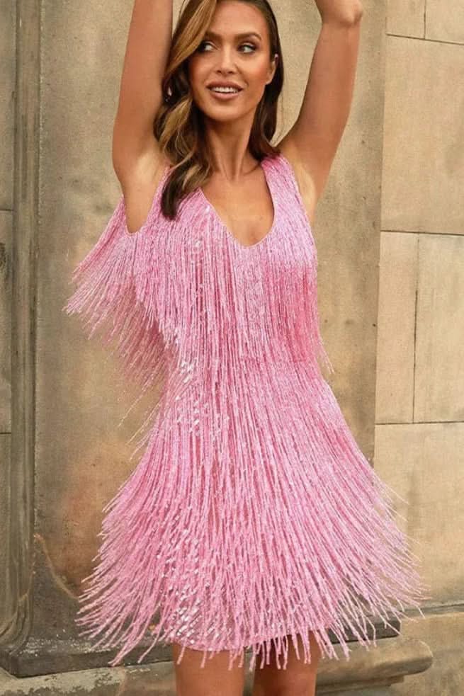 Glamorous women's A-line fringe dress with sparkling sequins, ideal for evening wear & parties.