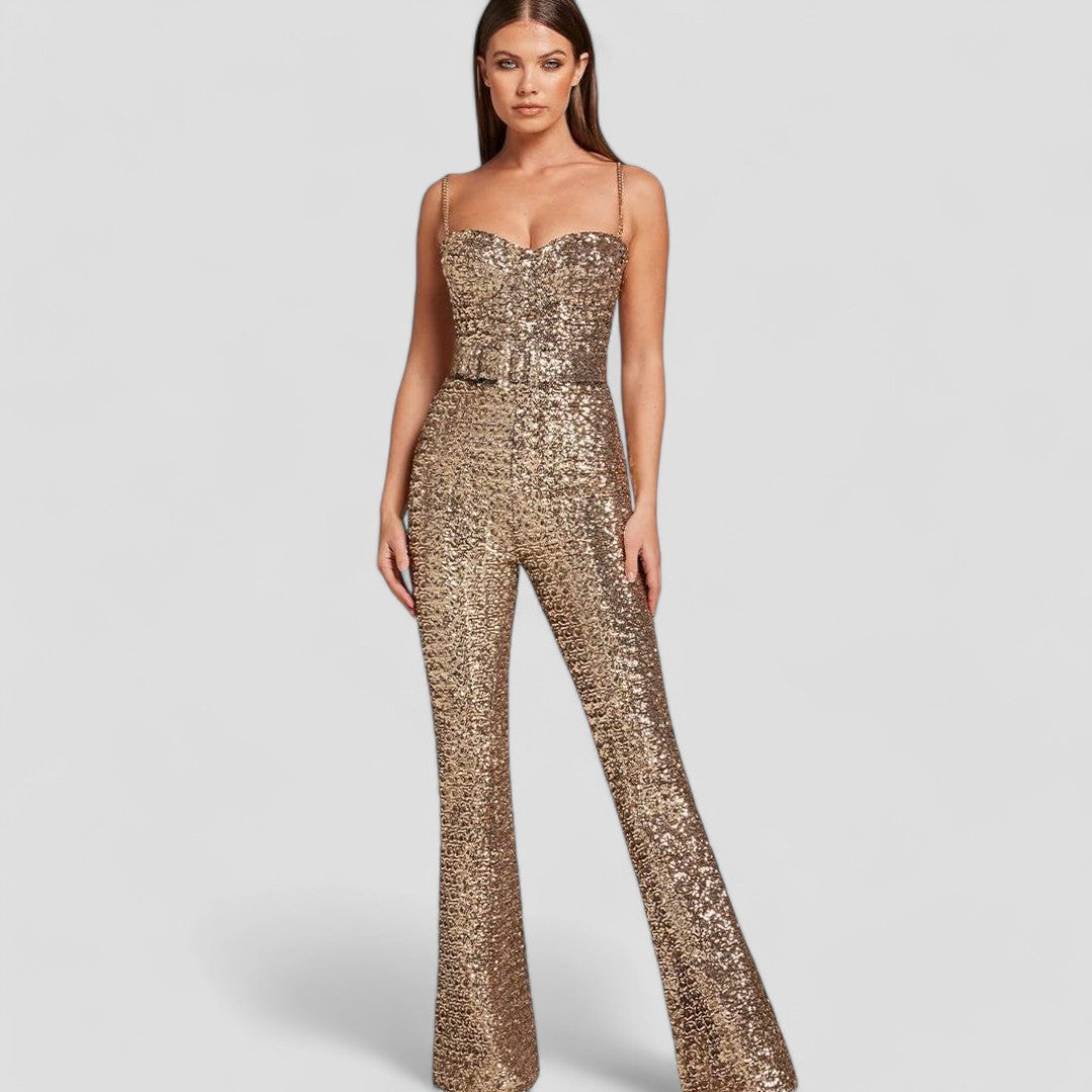 Women's shimmering gold sequin jumpsuit with flared legs, perfect for glamorous party and evening wear.
