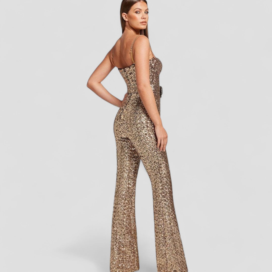 Elegant women's gold sequin jumpsuit, featuring a flattering silhouette and flared legs for special occasions.