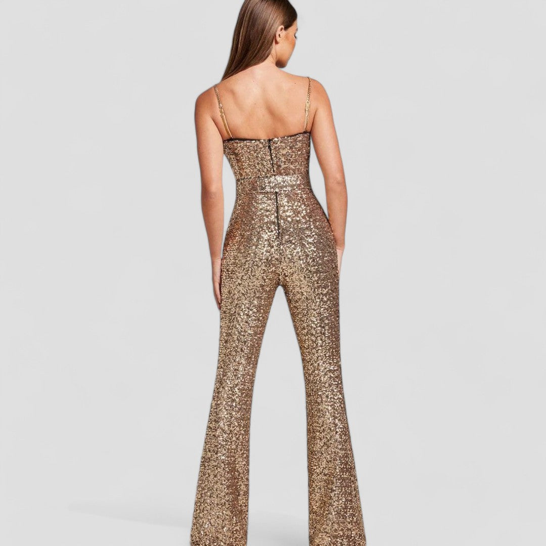 Glamorous women's sequin jumpsuit, gold, ideal for a sparkling party look or elegant evening wear attire.
