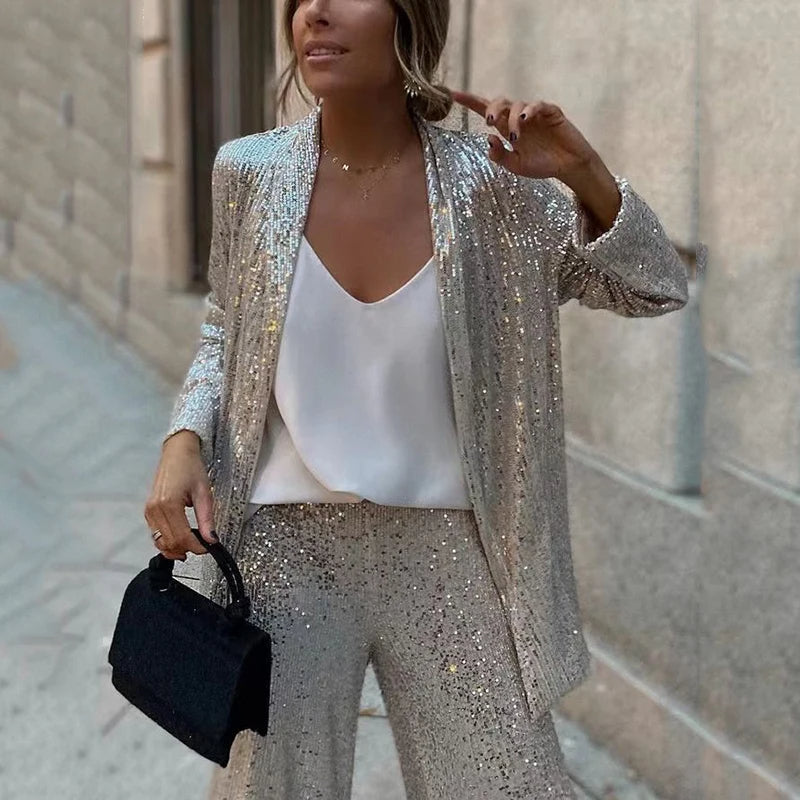 Chic women's high-waisted wide-leg pants, part of a sequin set, designed for elegant evening wear & comfort.