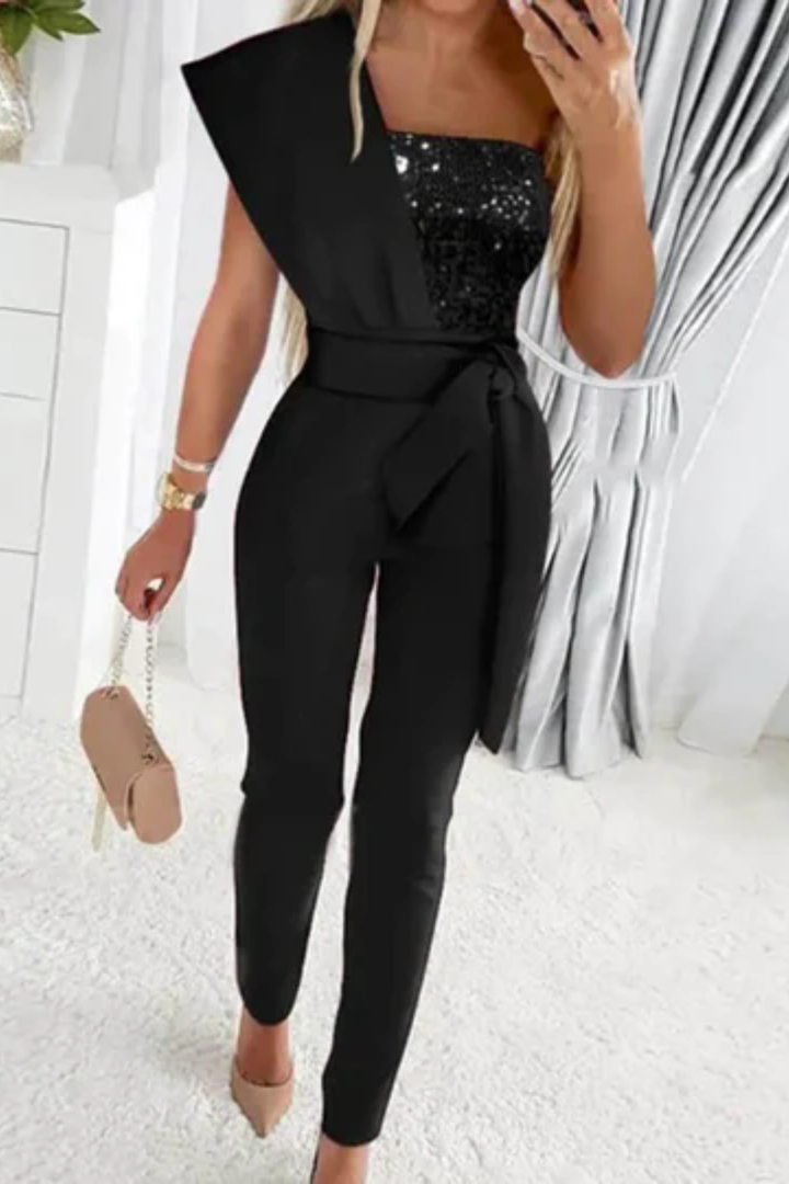Glamorous shimmering sequin women's jumpsuit, perfect as a chic one-piece for formal cocktail attire.