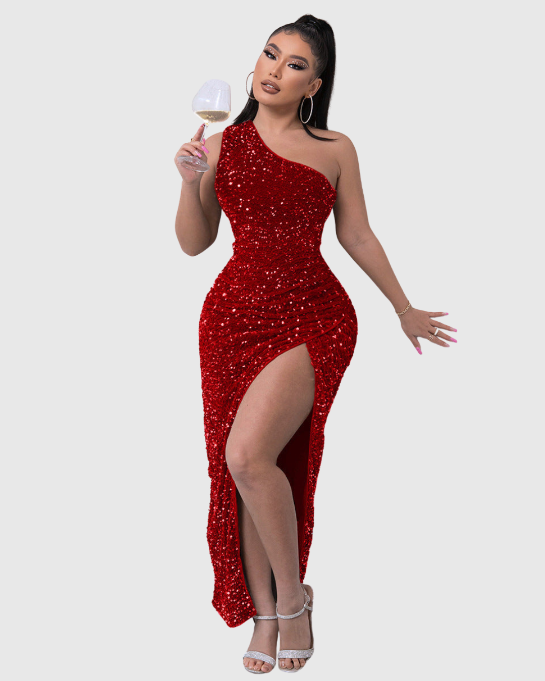 Glittering sequin mermaid dress with a chic one-shoulder design, a stunning women's formal gown.
