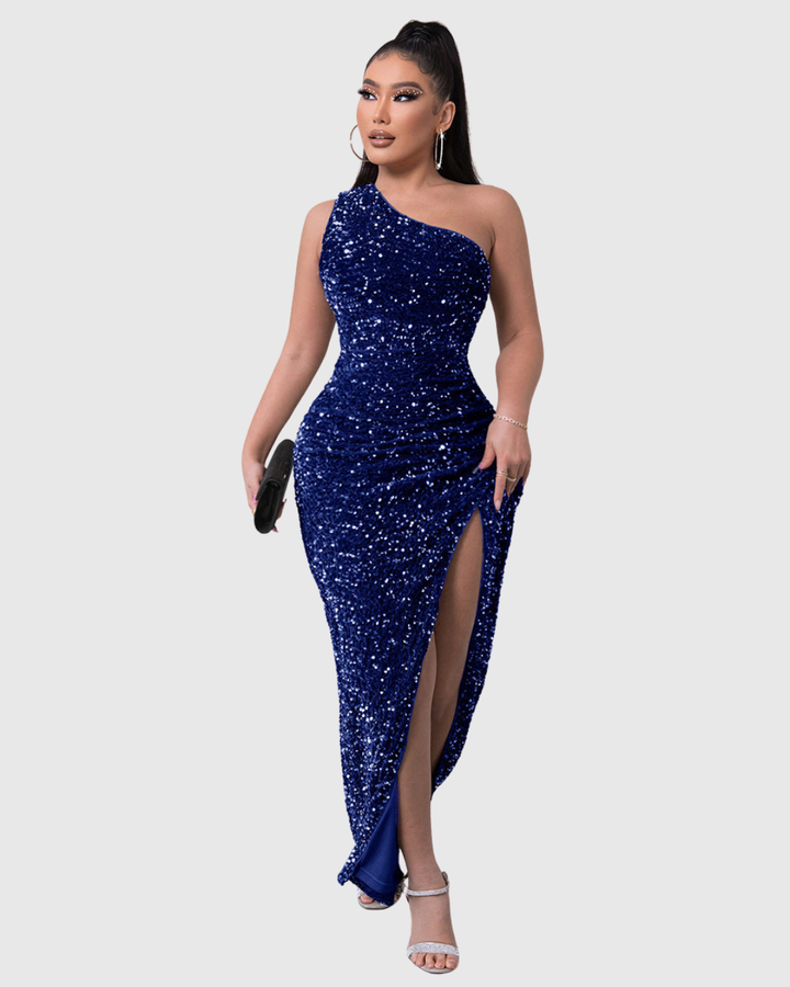 Dazzling one-shoulder sequin mermaid homecoming dress, a beautiful formal gown for women.