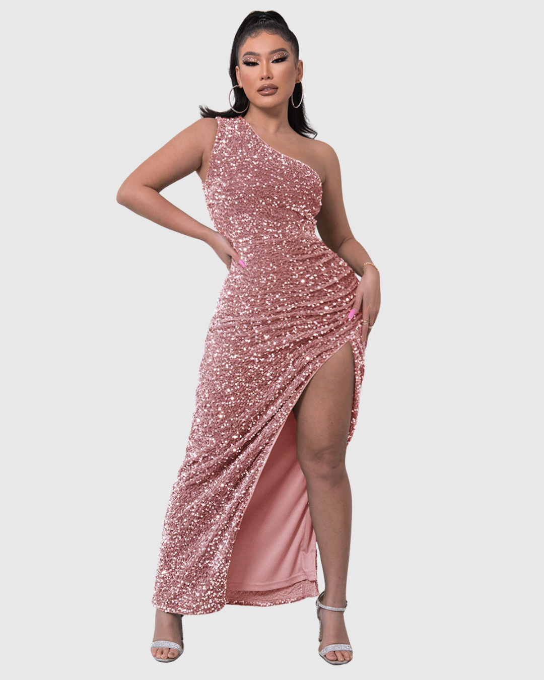 Sophisticated women's sequin mermaid dress with a one-shoulder cut, perfect for prom or evening.