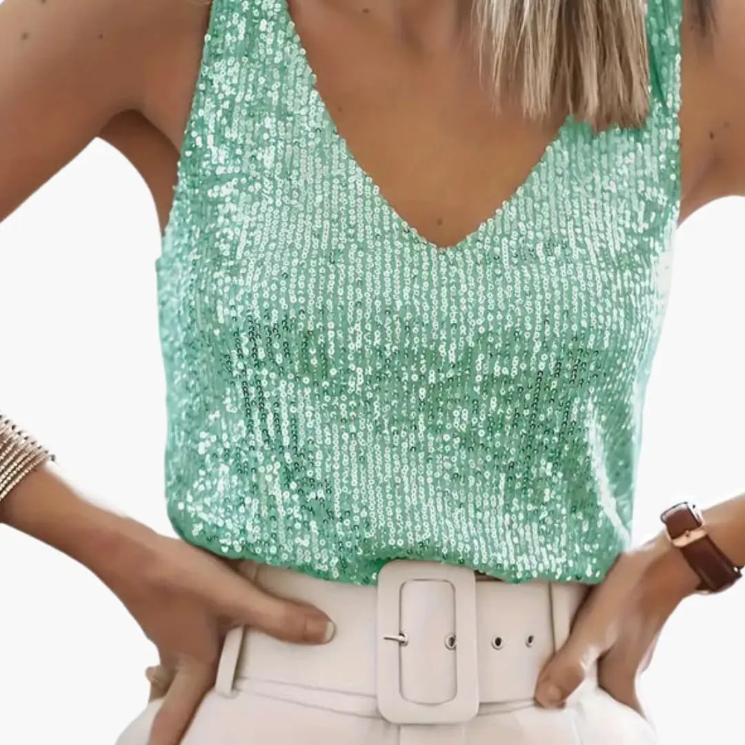 Women's shimmering sequin tank top with round neck, sleeveless design, perfect for party wear.