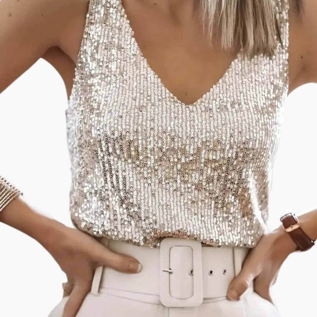 Elegant women's sequin tank, round neck sleeveless top for evening wear & casual glam outfits.