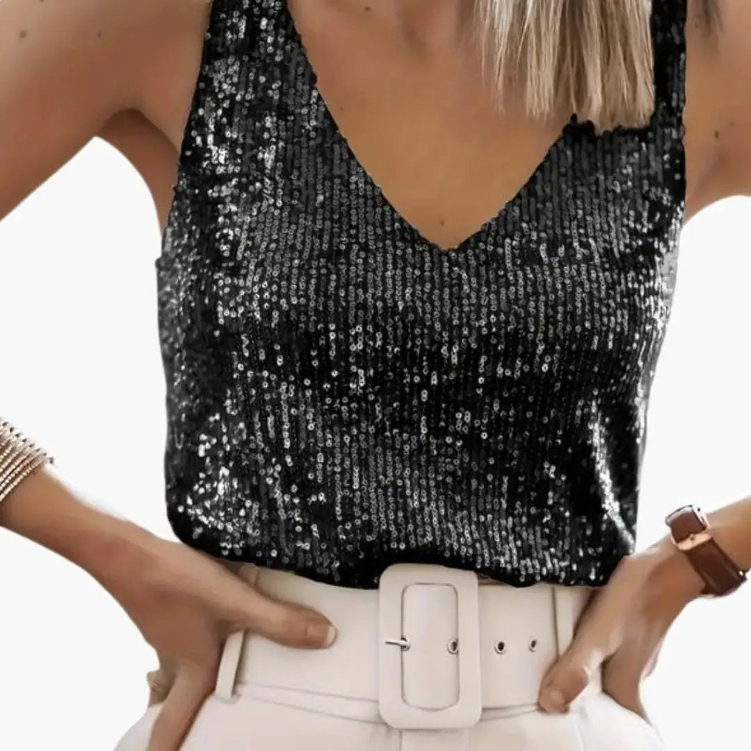Shimmering women's sequin tank top, round neck, sleeveless, ideal for versatile party fashion.