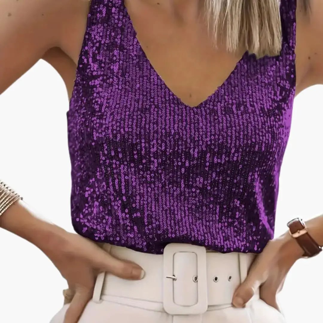 Versatile women's sequin sleeveless top with round neck, perfect for casual glam or evening events.