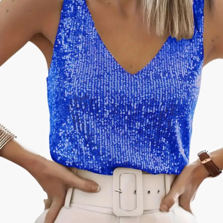 Fashionable women's shimmering sequin tank top, round neck, sleeveless, stylish party wear.