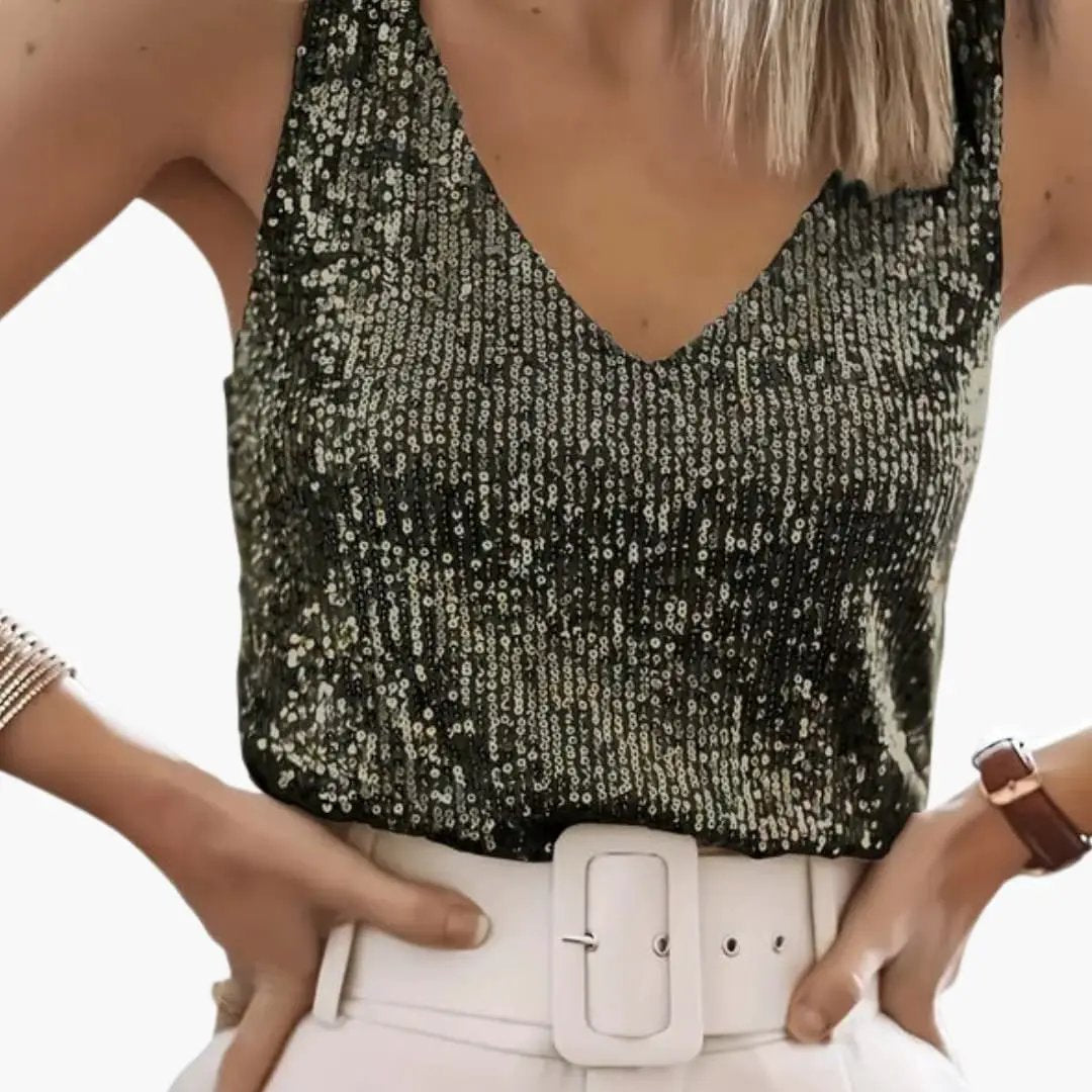 Women's sleeveless round neck top, covered in shimmering sequins, ideal for evening fashion.
