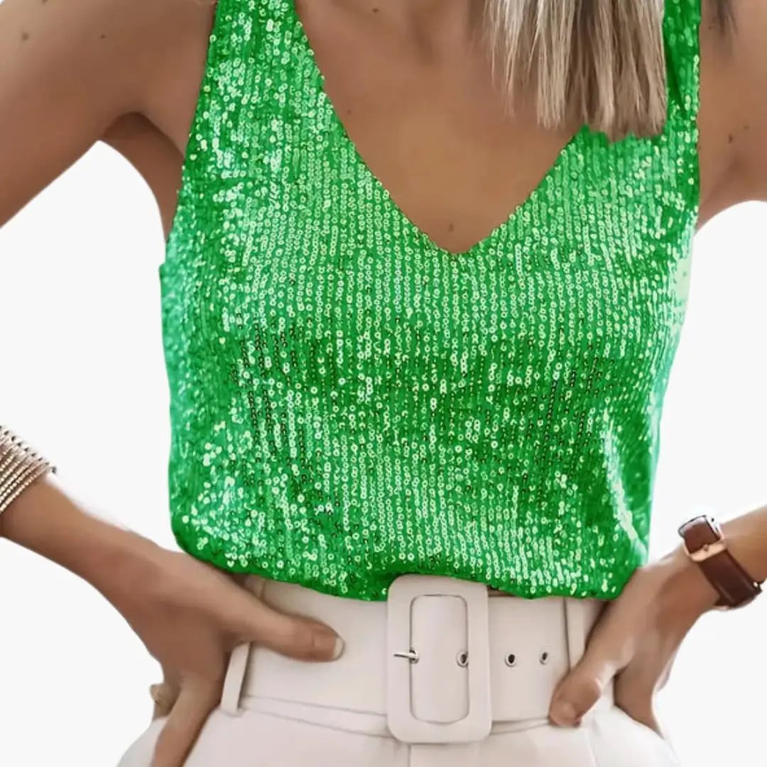 Round neck women's sequin tank top, sleeveless, offers shimmering casual glam and party style.