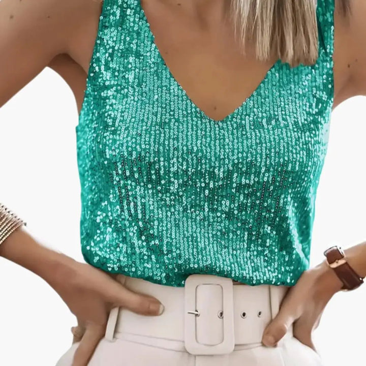 Women's sequin tank top, shimmering, sleeveless, round neck. Perfect for party or casual fashion.