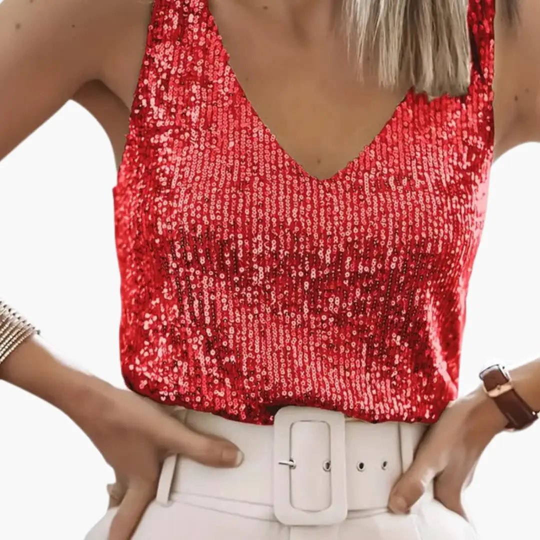 Shimmering women's round neck sequin tank, sleeveless, elegant party wear top, versatile fashion piece.