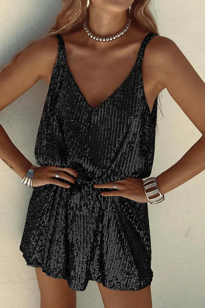 Glamorous women's sequin party dress. Sleeveless V-neck mini dress for special occasions & evening wear.