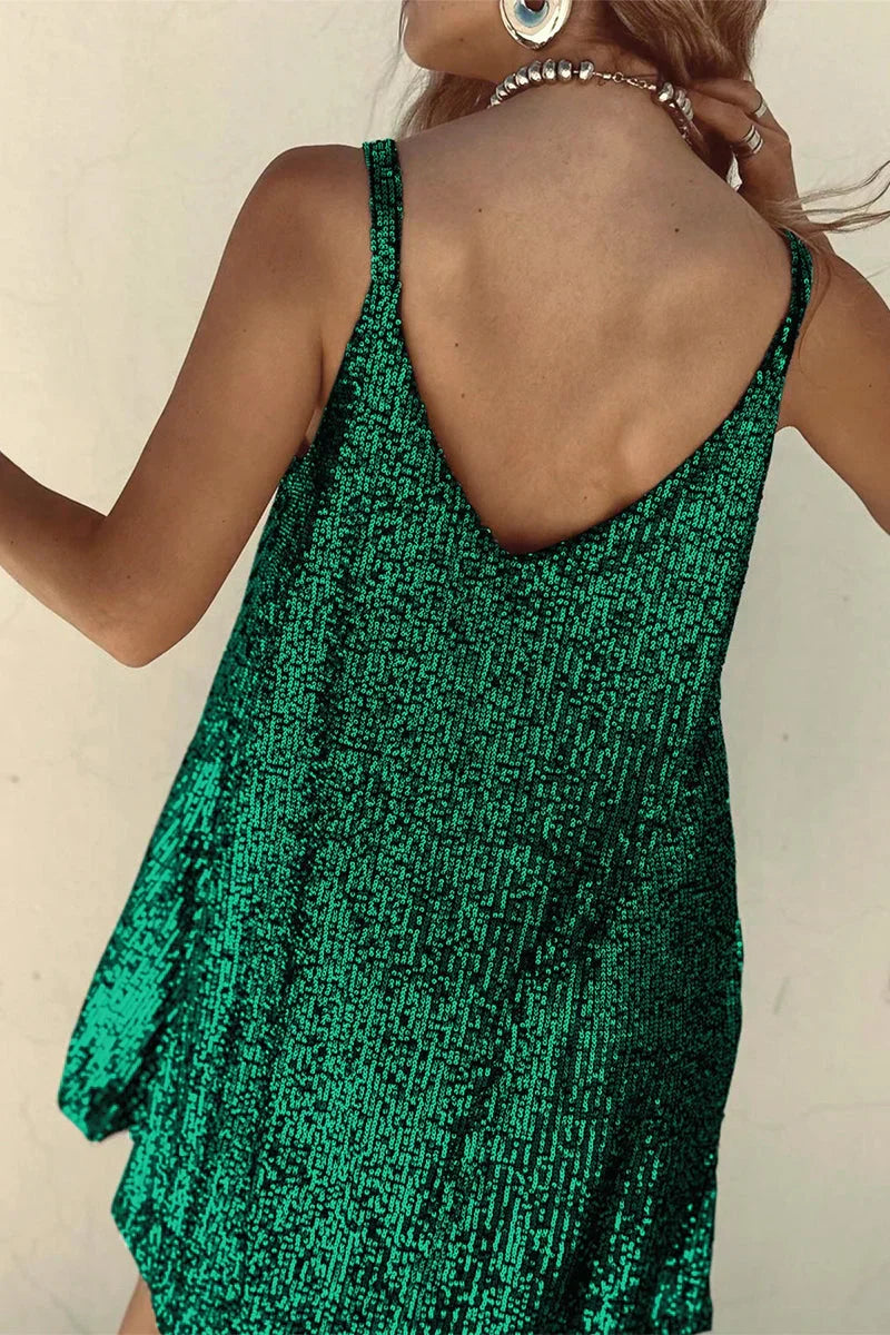Shimmering women's mini party dress. Sequin V-neck design for trendy evening events & special nights.