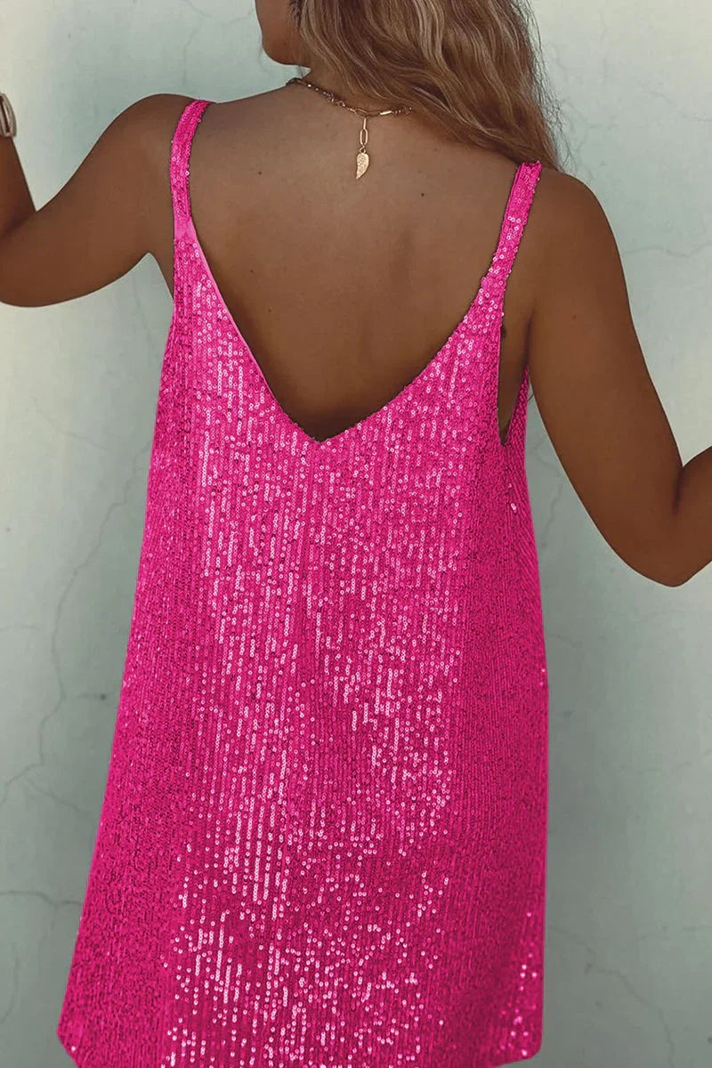 Elegant women's sleeveless sequin mini dress. V-neck party attire for glamorous occasions & evening wear.
