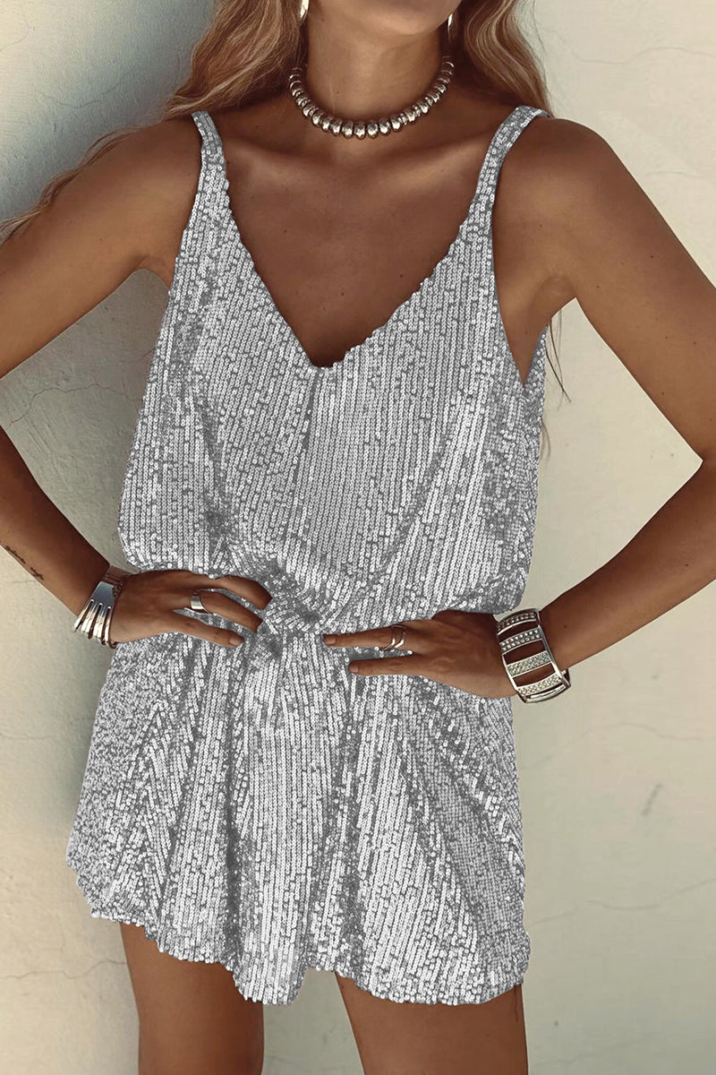 Elegant women's sparkling sequin mini dress with a V-neck. Dazzling cocktail attire for parties.