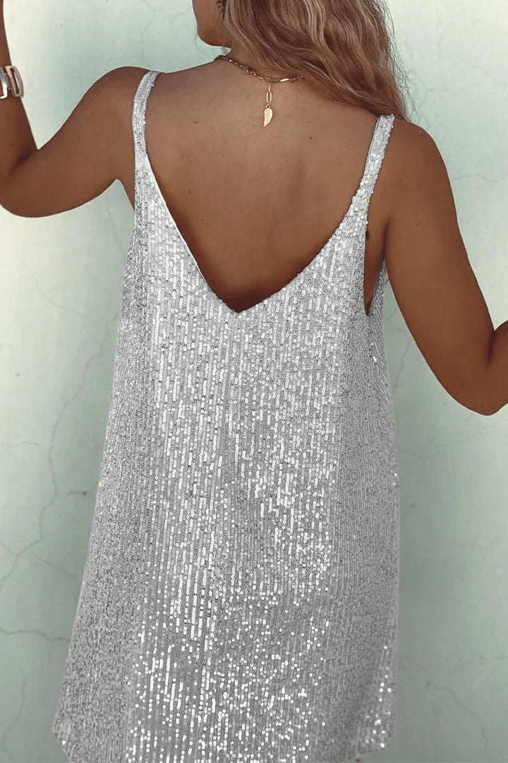 Dazzling women's sequin mini dress. Sleeveless V-neck design for special occasion parties & trendy looks.