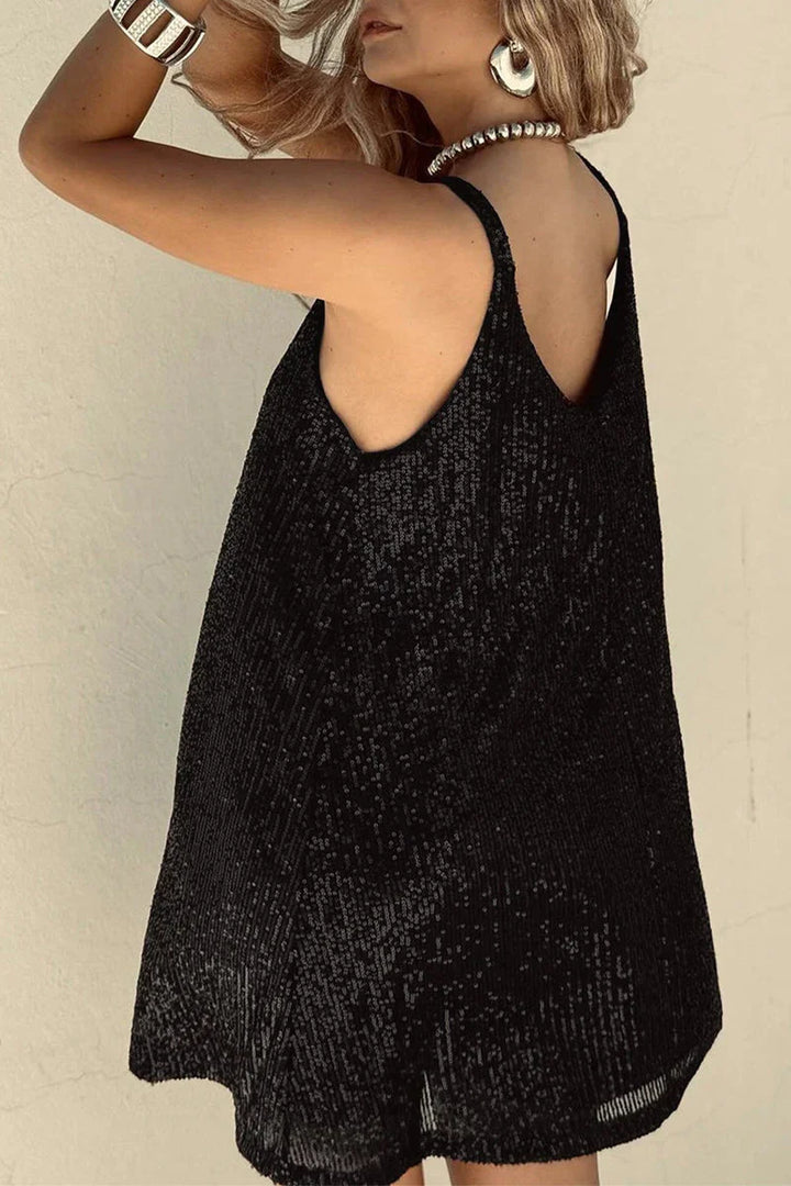 Trendy shimmering sequin mini dress with a V-neck for women's dazzling party nights & special events.