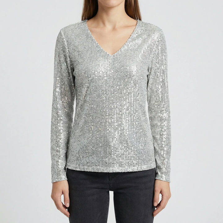 Elegant Lana shimmering V-neck long-sleeve blouse. Perfect dressy top for party, evening, or casual chic.