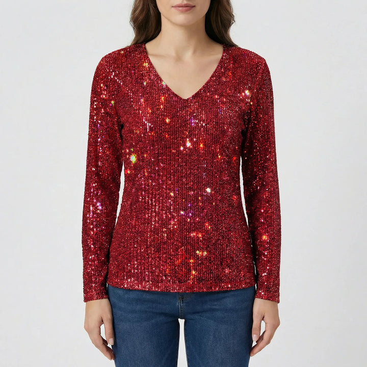 Fashionable women's Lana shimmering long-sleeve V-neck blouse, a stylish and elegant top for any occasion.