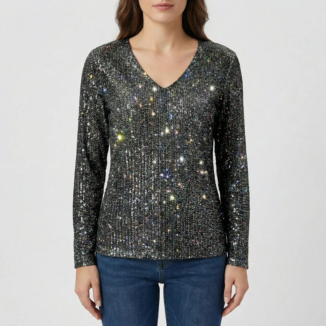 Shimmering V-neck long-sleeve blouse, an elegant women's top perfect for parties, evening events, or dressy wear.